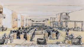 Croquis de la salle d'audience au Palais de Justice de Paris lors du premier jour du procès des attentats du 13-novembre, le 8 septembre 2021