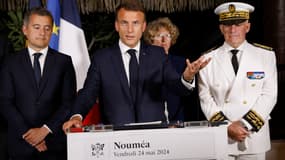 Emmanuel Macron s'exprime à Nouméa, en Nouvelle-Calédonie, le 23 mai 2024.